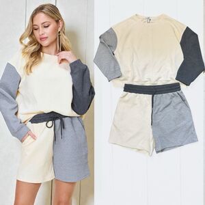 Coudy Blue Contrast Color Block Long Sleeve Top & Shorts Lounge Set XL NW